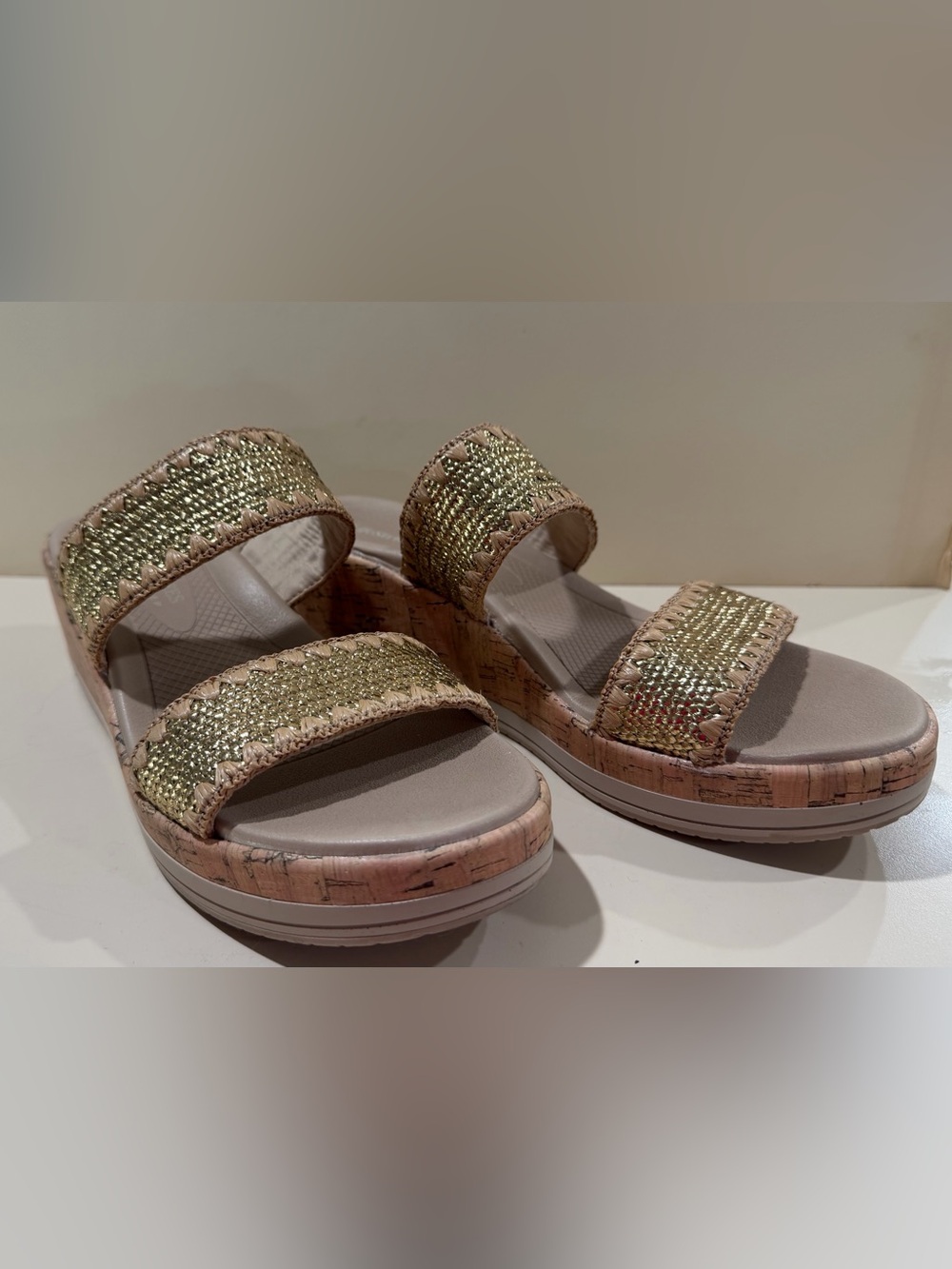Bzees Gold Woven Dual-Strap Slide Sandals w/Wedge 2.5